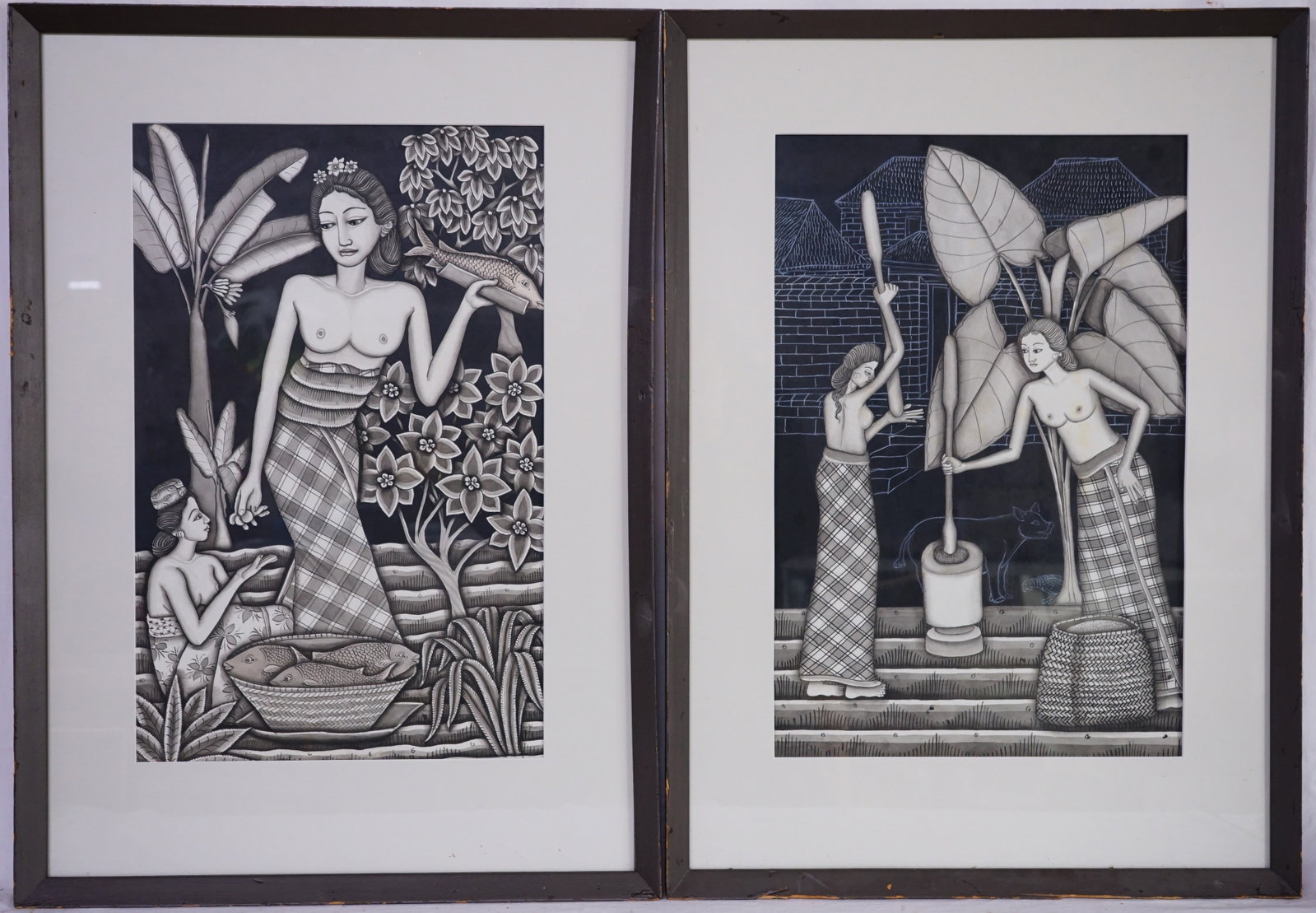 Lot of 2 Vintage Indonesian Hand-Painted Folk Art Paintings: Approximate size: 29.75x21.25 in(each) Shipping: We offer in-house shipping services for most small items. This means that we will take care of packing and shipping the items directly to you. For larg