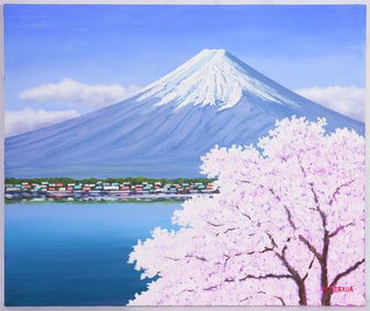 Kunitsugu Tsukada(Japanese,B.1919) Oil on Canvas,Fuji-Kawaguchiko Sakura