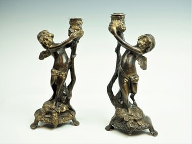 Pair of Late 19th Century Antique European Bronze Candle Holders
