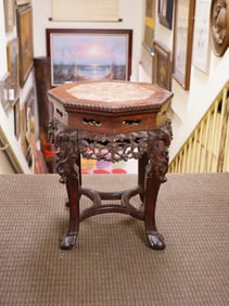 Chinese Carved Hardwood Marble Top Octagonal Stand Side Table