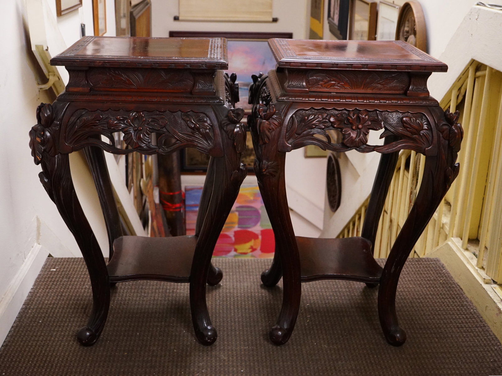 Pair of Japanese Carved Wood Plant Stands: Approximate size: 28.5x14x14 in Shipping: We offer in-house shipping services for most small items. This means that we will take care of packing and shipping the items directly to you. For larger or s