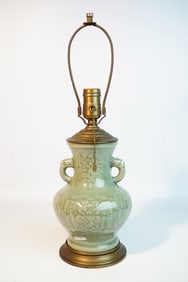 Chinese Longquan-Style Celadon Double-Handled Lamp Vase,  Qing Dynasty