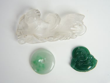 Lot of 3 Chinese Carved Rock Crystal and Jadeite Pendants