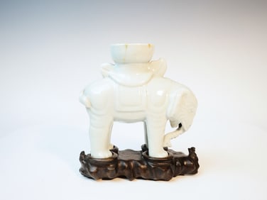 Fine Blanc De Chine Porcelain Elephant with Wood Stand, Qing Dynasty