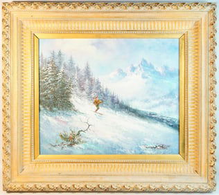 W. Chapman Signed Oil on Canvas'Winter Skiing on Mountain' with Wood Frame