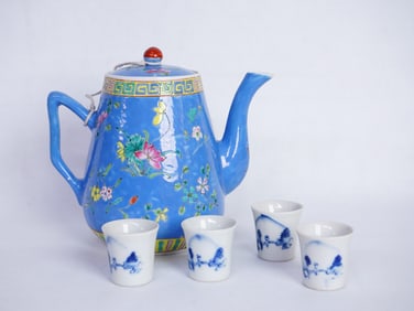 A Chinese Blue-Ground Famille Rose Teapot W/ Blue and White Cups, Republic Period