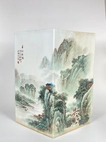 Chinese Famille Rose Rhombus-Shaped Brush Pot with Landscape, Republic Period