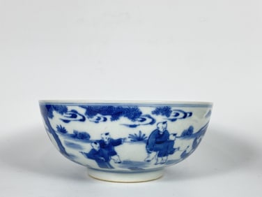 Chinese Blue and White 'Boys' Porcelain Bowl with Double Circle Marks
