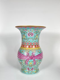 Chinese Turquoise Ground Famille Rose Gu Vase