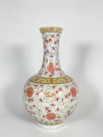 Chinese Famille Rose Hundred Bats Porcelain Vase, Qianlong Mark