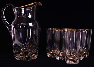 Vintage Art Nouveau Glass Pitcher and Tumbler Set