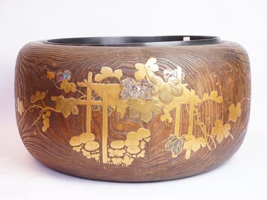 Japanese Wood Hibachi with Gold Lacquer,Meiji Period