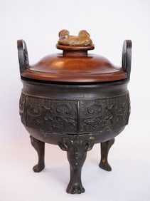 Chinese Bronze Censer with Wooden Cover and Mark