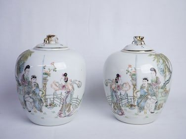 Pair of Chinese Export Famille Rose 'Figural' Covered Ginger Jars,Republic Period
