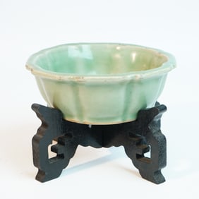 Chinese Longquan Celadon Glazed Porcelain Bowl with Wood Stand