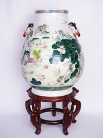 Rare Chinese Famille-Rose 'Hundred Crane' Vase with Mark and Wood Stand