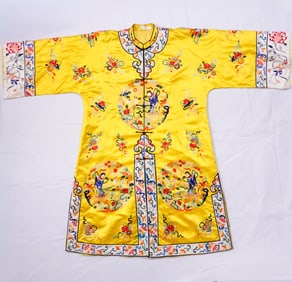 Chinese Yellow Embroidered Silk Robe,19th-20th Century