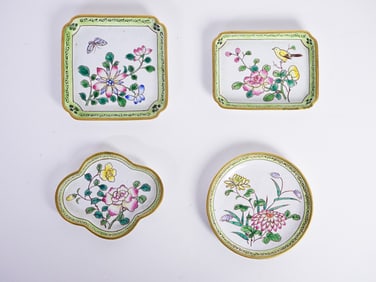 Set of 4 Chinese Export Enamel on Copper Trinket Trays