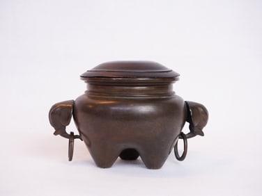 Chinese Bronze Censer with Silver Inlay and Mark w/ Wood Cover,18/19th Century