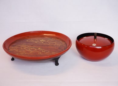 Japanese Lacquer Footed Dish and Bowl w/ Cover