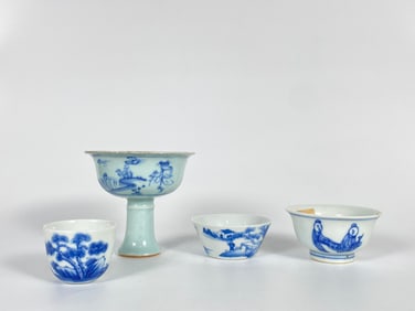 Four Chinese Blue and White Figural Tea Bowls, Some with Mark