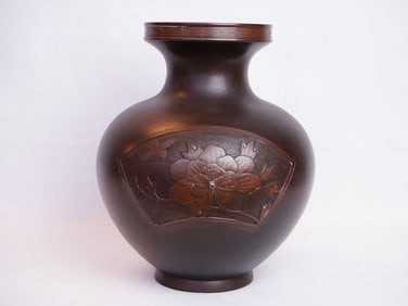 Japanese Bronze Vase with Silver Wire Inlay Floral Motif Meiji Period