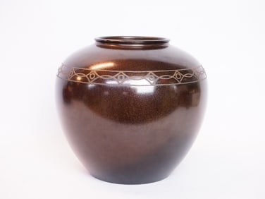 Japanese Bronze Vase with Silver Wire Inlay and Mark Meiji Period