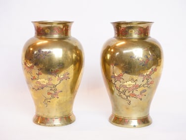 Pair of Japanese Mixed Metal Vases, Meiji Period