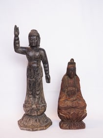Lot of Two Asian Wood Buddha, 19th Century