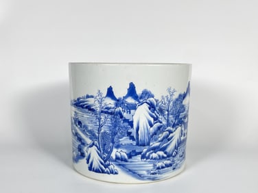 A Chinese Blue and White Porcelain Brush Pot, Kangxi Mark
