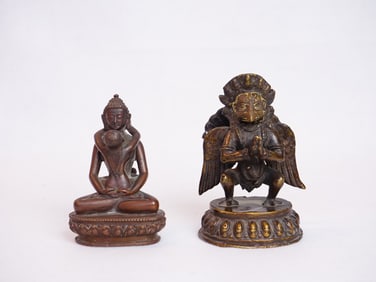 Lot of Two Nepalese Bronze Figures of Garuda and Samantabhadra