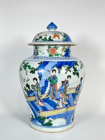 Chinese Wucai 'Figural' Jars and Covers, Qing Dynasty