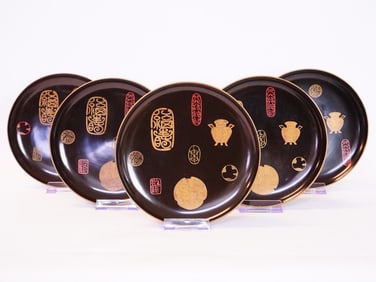 Set of 5 Japanese Wood Lacquer Dishes