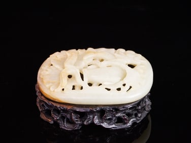 Fine Chinese Carved Jade Plaque on Wood Stand, Qing Dynasty