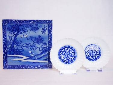 Pair of Japanese Blue and White Porcelain Dishes and A Square Tea Plaque