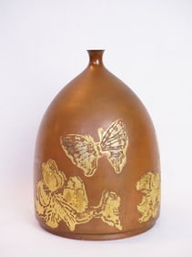 Fine Japanese Copper Vase with Inlaid Butterfly, Signed