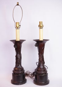 Pair of Japanese Bronze Lamps with Wood Base