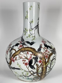 Large Chinese Porcelain Famille Rose 'Magpie and Prunus' Bottle Vase. Qianlong Mark