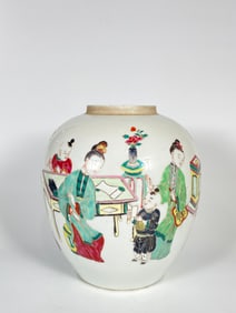 Chinese Famille Rose 'Lady and Boy' Ginger Jar, 17th-18th Century