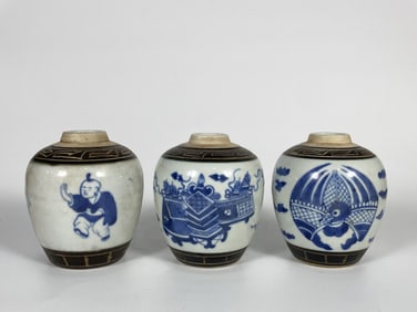 Lot of Three Small  Blue and White Ginger Jars
