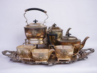 Lot of 7 Piece English Cheltenham Sheffield Silver Plated Tea Set