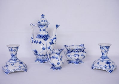 Five Pieces Danish Royal Copenhagen Blue Fluted Full Lace Coffee Set