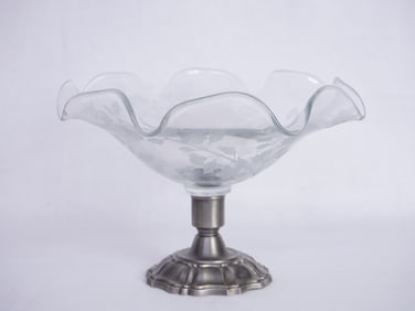 Art Nouveau Style Glass Candy Dish with Pewter Base