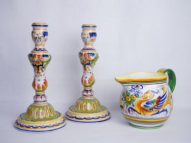 Lot of 3 Vintage Italian Deruta Handpainted Pottery Pitcher and Candlesticks