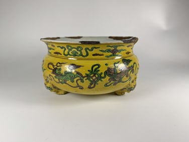 Chinese Verte Biscuit Yellow Ground Censer, Ming Dynasty