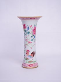 Chinese Famille Rose Gu-Shape 'Rooster' Porcelain Vase