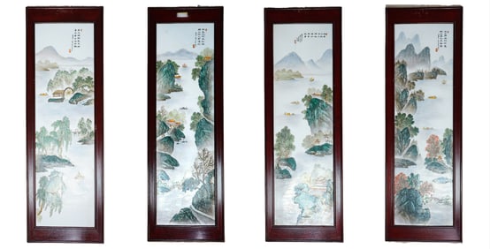 Set of Four Large Chinese Famille Rose Porcelain Plaques, 20th Century