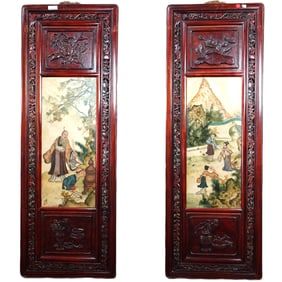 Two Chinese Hand Painted on Marble Slab Hanging Wall Panel
