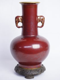 Chinese Russet-Splashed Red-Glazed Gilt Gold Elephant Ears Vase with Wood Stand