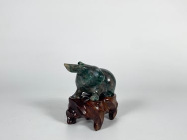 Chinese Rabbit Green Jade Statue with Wood Stand